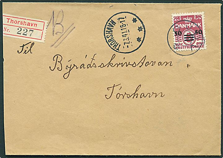 50/5 øre Provisorium single på anbefalet brev annulleret med udslebet stjernestempel GJOV og sidestemplet Thorshavn d. 7.3.1941 til Thorshavn. Afkortet i venstre side.