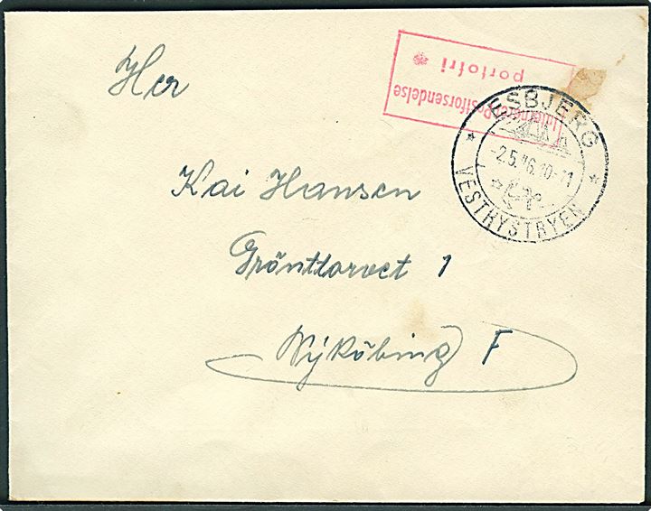 Ufrankeret brev med rødt rammestempel: “Interneret Postforsendelse / Portofri” fra Esbjerg d. 2.5.1945 til Nykøbing F. Fra Østrigerlejren i Tarp pr. Esbjerg.