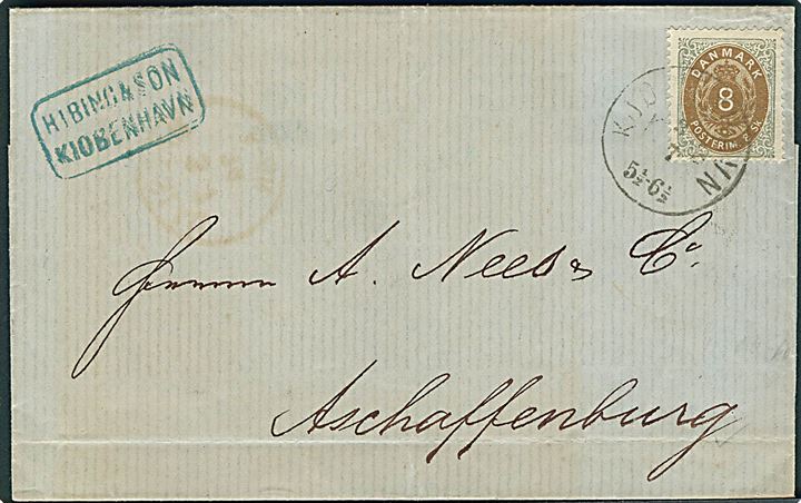 8 sk. Tofarvet single på brev annulleret med lapidar Kjøbenhavn d. 3.7.1874 til Aschaffenburg, Tyskland. AFA 3600,-