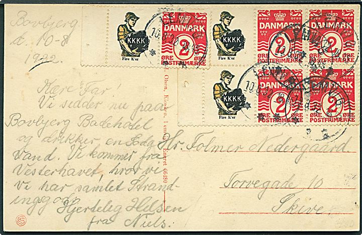 2 øre Bølgelinie og “KKKK” Reklamemærke i 6-blok og parstykke på brevkort fra Bovbjerg stemplet Lemvig d. 10.8.1932 til Skive.  