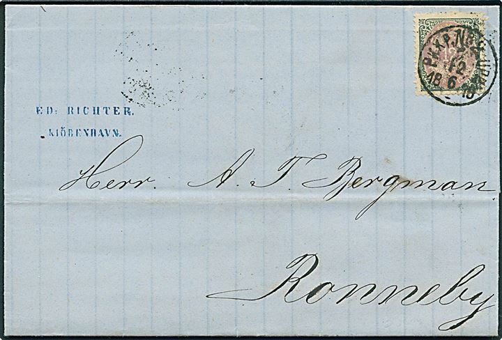 12 øre Tofarvet single på brev fra Kjøbenhavn annulleret m. svensk bureaustempel PKXP No. 2 UPP d. 12.6.1878 til Ronneby, Sverige.