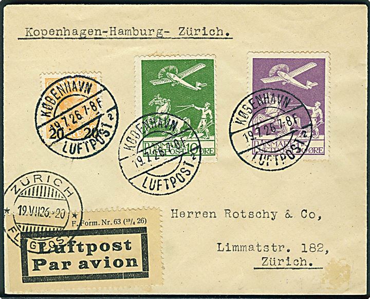 10 øre, 15 øre Luftpost, samt 20/30 øre Provisorium på luftpostbrev fra København Luftpost sn2 d. 19.7.1926 til Zürich, Schweiz. Ank. Zücrich Flugpost d. 19.7.1926.