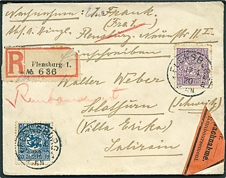 20 pfg. og 40 pfg. Fælles udg. på anbefalet brev med postopkrævning fra Flensburg d. 17.4.1920 til Solothurn, Schweiz. God destination.