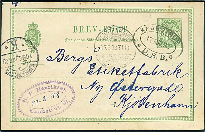 5 øre Våben helsagsbrevkort annulleret med privat ovalt jernbanestempel KNABSTRUP * D.S.B. * d. 17.8.1898 og sidestemplet bureau Kjøbenhavn - Kallundborg T.110 d. 17.8.1898 til Kjøbenhavn.