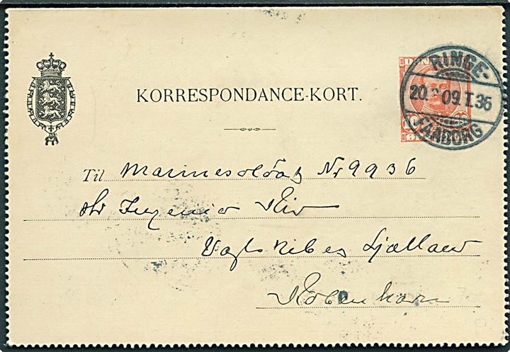 10 øre Fr. VIII helsagskorrespondancekort fra Odense annulleret med bureaustempel Ringe - Faaborg T.36 d. 20.3.1909 til sømand ombord på vagtskibet “Sjælland”, København. 2. brugsperiode.