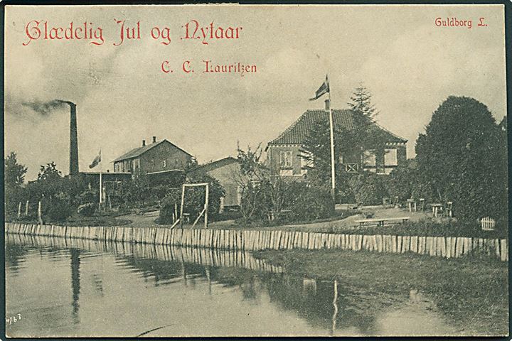 3 øre Bølgelinie og Julemærke 1908 på lokalt julekort (Julehilsen fra C. C. Lauritzen, Guldborg L.) annulleret med violet liniestempel GULDBORG til Maibølle pr. Guldborg.