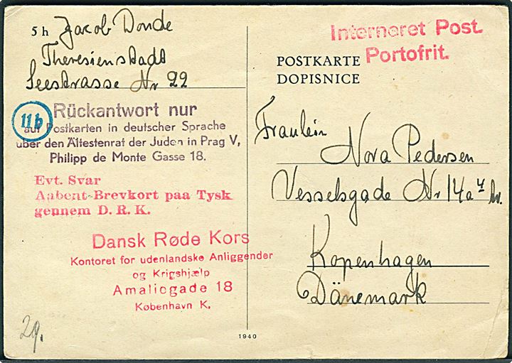 Ufrankeret Interneret Post brevkort fra dansk jøde, Jacob Donde, i Theresienstadt d. 4.7.1944 via Dansk Røde Kors d. 17.10.1944 til København. Jacob Donde var fængsels-betjent og blev arresteret d. 4.10.1943. Hjemkom i 1945 med de Hvide Busser. 