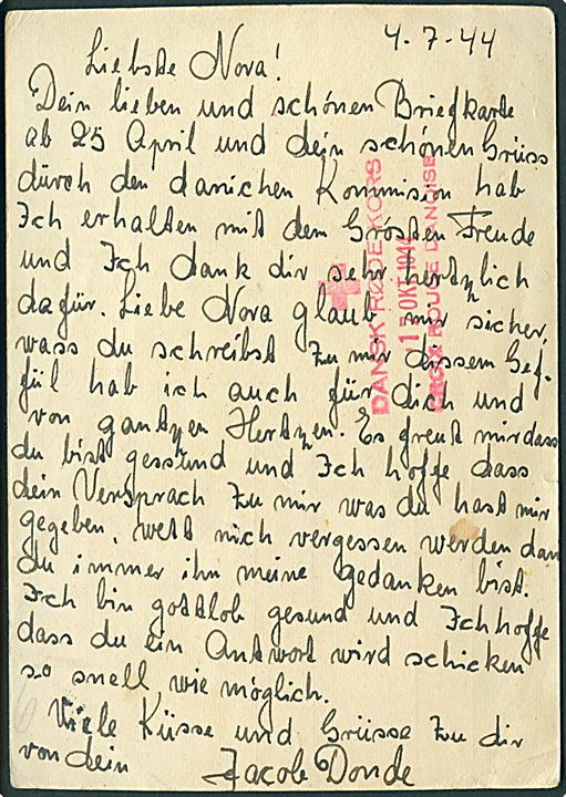 Ufrankeret Interneret Post brevkort fra dansk jøde, Jacob Donde, i Theresienstadt d. 4.7.1944 via Dansk Røde Kors d. 17.10.1944 til København. Jacob Donde var fængsels-betjent og blev arresteret d. 4.10.1943. Hjemkom i 1945 med de Hvide Busser. 