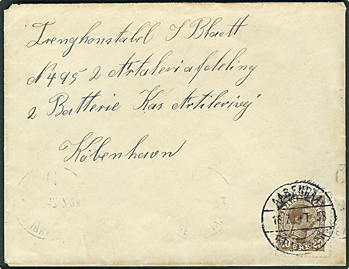 20 øre Chr. X på brev fra Felsted annulleret med bureau Aabenraa - Graasten T.08 d. 16.7.1924 til soldat ved 2. Artilleriafdeling i København.