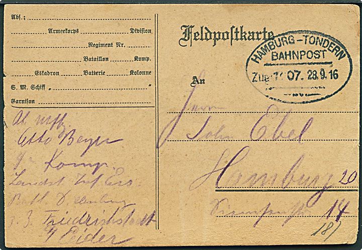Ufrankeret feltpostkort dateret Wobbenbüll med ovalt bureaustempel Hamburg - Tondern Bahnpost Zug 1007 d. 28.9.1916 til Hamburg. 