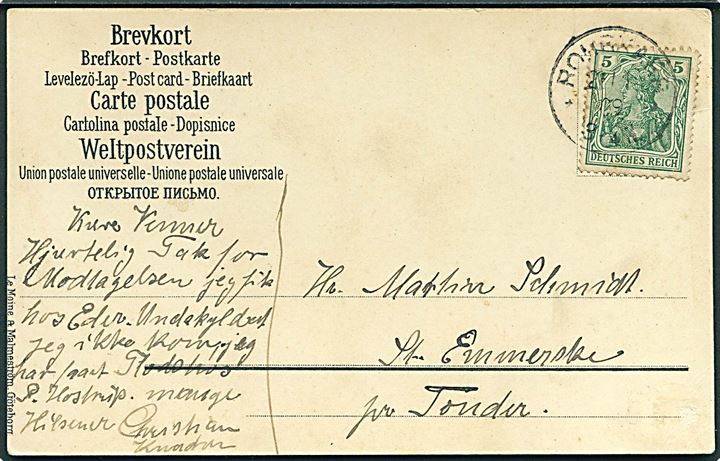 5 pfg. Germania på brevkort annulleret med lidt uldent enringsstempel Rohrkarr d. 26.1. 1909 til St. Emmerske pr. Tønder. Vanskeligt stempel.
