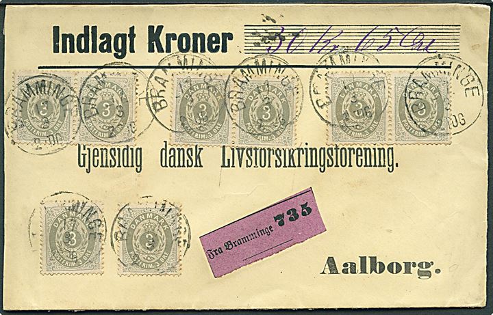 3 øre Tofarvet (8) 10. tryk (?) på 24 øre værdibrev annulleret med lapidar Bramminge d. 17.3. ca.1892 til Aalborg. Ulovlig frankering da frimærker på værdibreve skulle placeres med mindst et ½ mærkes mellemrum.