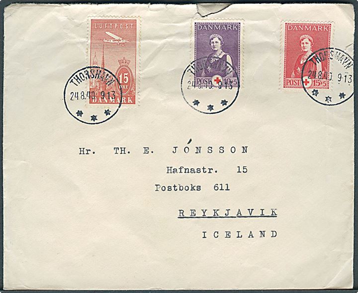 10+5 øre, 15+5 øre Røde Kors og 15 øre Luftpost på 40 øre frankeret brev annulleret med brotype IIIc Thorshavn d. 24.8.1940 til Reykjavik, Island. Uden britisk censur.