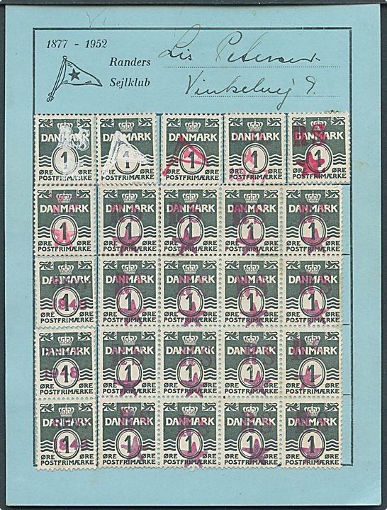 Randers Sejlklub Jubilæumsindsamlingskort med 50 stk. 1 øre Bølgelinie med forskellige overtryk anvendt som Jubilæumsmærker 1947-1948 i forb. med indsamling til foreningens 75 års jubilæum i 1952. 