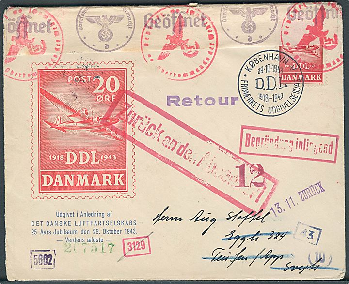20 øre DDL på illustreret FDC fra København d. 29.10. 1943 til Teufen App., Schweiz. Åbnet af den tyske censur i München og returneret med indlagt meddelelse formular N/1392. Dekorativ.