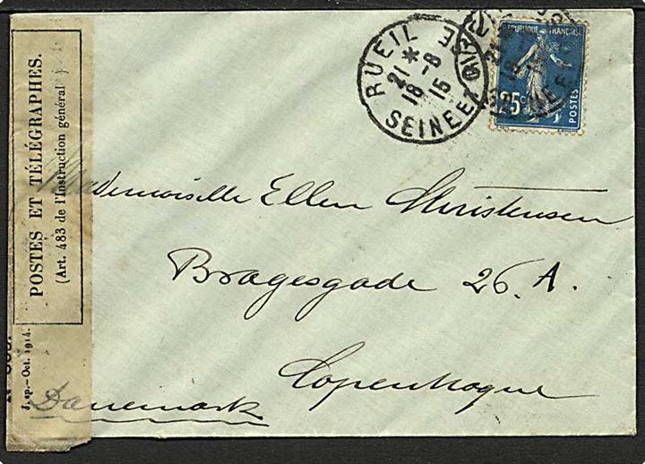 25 c. single på brev fra Rueil d. 18.8.1915 til København, Danmark. Åbnet af fransk censur.