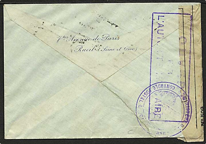 25 c. single på brev fra Rueil d. 18.8.1915 til København, Danmark. Åbnet af fransk censur.