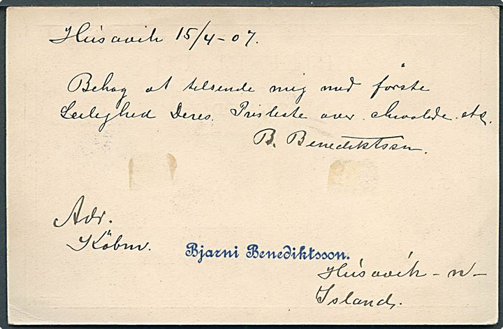 8 aur Chr. IX helsagsbrevkort dateret Husavik annulleret med lapidar Þingeyjarsysla d. 15.4.1907 til Aarhus, Danmark. Lille hj.knæk.