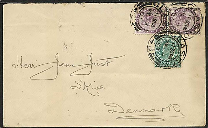 1d Victoria i par og ½d Edward VII på brev fra Glasgow d. 4.2.1902 til Skive, Danmark.