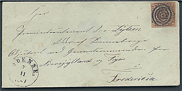4 R.B.S. Ferslew på brev annulleret med stumt stempel og sidestemplet 1½ ringsstempel Odense d. 7.11.1851 til Premierlieutnant J. v. Lÿtzen, Ajundant ved General-commandoen for Nørrejylland og Fyen i Fredericia. 