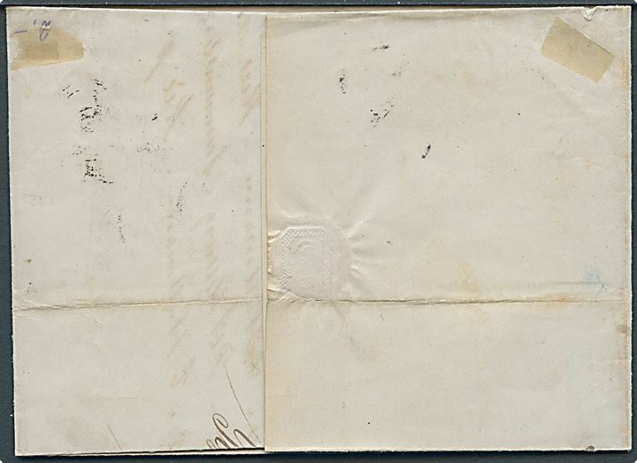 4 sk. 1854 udg. lys kastaniebrun 1. tryk pl. I pos. 87-90 på 4 lod brev annulleret med nr.stempel “119” og side-stemplet antiqua Itzehoe d. 26.4.1855 til Kiel. Fold.