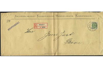25 øre Tofarvet 10.tryk single på aflangt anbefalet brev fra KJøbenhavn I d. 30.7.1904 til Skive. Lodret fold.