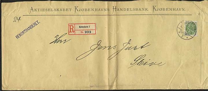 25 øre Tofarvet 10.tryk single på aflangt anbefalet brev fra KJøbenhavn I d. 30.7.1904 til Skive. Lodret fold.