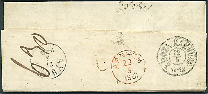 1861. Portobrev med antiqua Kjerteminde d. 21.5.1861 via Nyborg og Hamburg til Arnhem, Holland. Flere transitstempler og påtegninger.
