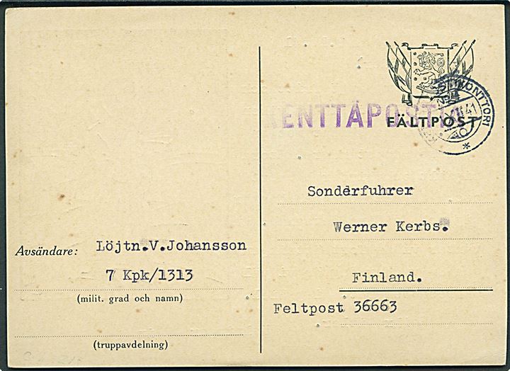 Illustreret feltpostkort stemplet Kenttäpostikonttori No. 4. d. 1.10.1941 fra Löjt. ved KpK7/1313 (= 55 Inf. Reg.) til Sonderführer Werner Kerbs ved tysk feldpost nr. 36663 (= Kommando 2. Gebirgs-Division i Lapland). Skrevet på svensk bl.a. med omtale af det befriede Hangö.