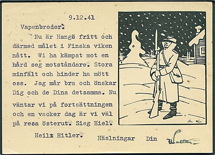 Illustreret feltpostkort stemplet Kenttäpostikonttori No. 4. d. 1.10.1941 fra Löjt. ved KpK7/1313 (= 55 Inf. Reg.) til Sonderführer Werner Kerbs ved tysk feldpost nr. 36663 (= Kommando 2. Gebirgs-Division i Lapland). Skrevet på svensk bl.a. med omtale af det befriede Hangö.