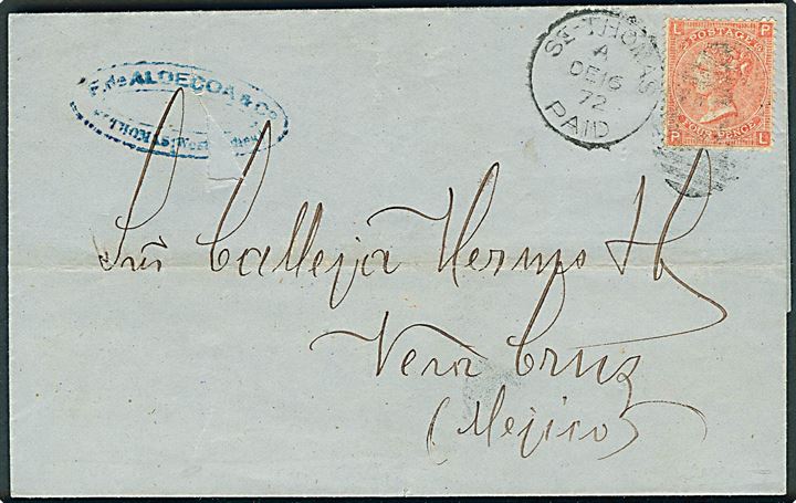 Engelsk 4d Victoria på brev annulleret m. duplex stempel St.Thomas Paid A / “C51” d. 16.12.1872 til Vera Cruz, Mexico. Takst for perioden 1.1.1867-31.8.1877. Lille skade på forsiden.