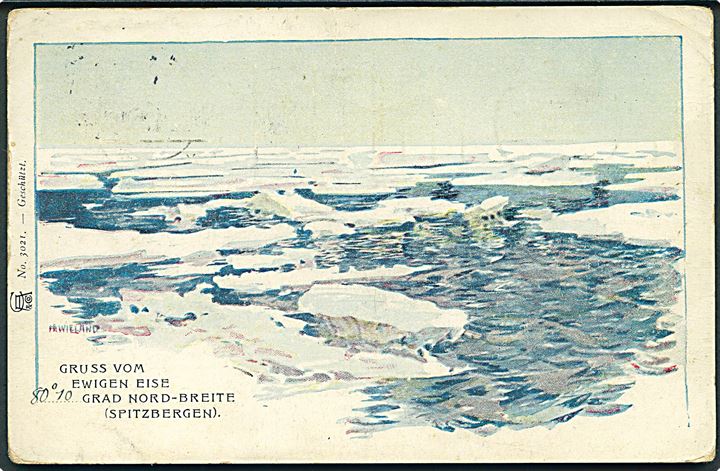 Spitsbergen 10 øre Joh. Giæver 3. udgave og 10 øre Posthorn på brevkort (Gruss vom Ewigen Eise 80.10 Grad Nord-Breite (Spitzbergen)) dateret d. 24.7.1911 og annulleret Tromsø d. 9.8.1911 til Bremen, Tyskland - eftersendt til Frankrig.