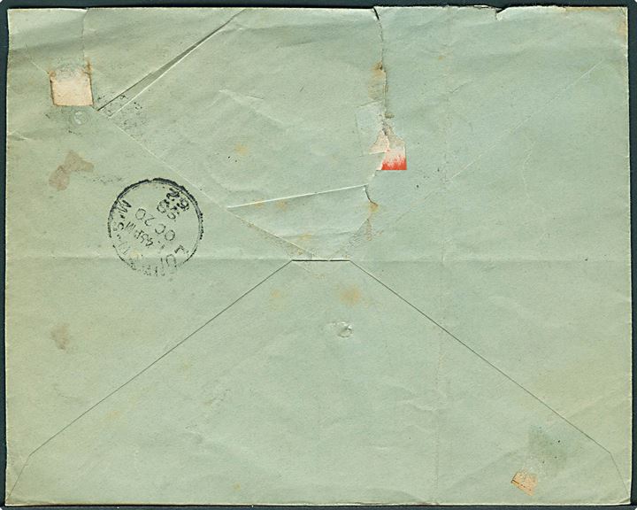 20 øre Posthorn på brev fra Porsgrund annulleret med 4-ringsstempel “338” benyttet i postbureauet Brevik - Skien og sidestemplet Vestbanernes P.Eksp.A.III d. 17.10.1898 til London, England. Lidt revet i toppen.
