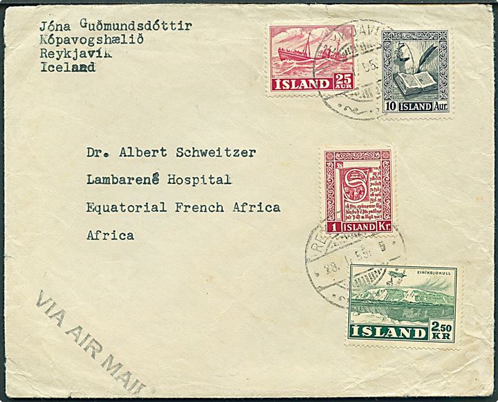 25 aur Erhverv, 10 aur, 1 kr. Håndskrifter og 2,50 kr. Luftpost på 3,85 kr. frankeret luftpostbrev fra Reykjavik d. 28.1.1955 til Dr. Albert Schweitzer, Lambarene Hospital i Fransk Ækvatorial Afrika. Albert Schweitzer modtog i 1953 Nobels Fredspris for sit virke i Afrika.