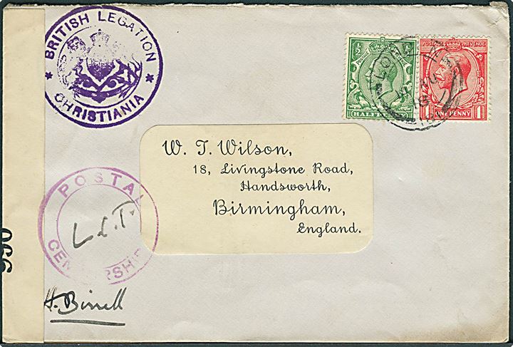 Britisk ½d og 1d George V på diplomatisk kurerbrev fra British Legation Christiania stemplet London d. 14.8. 1918 til Birmingham. Åbnet af britisk censur no. 990. Meget dekorativt brev.