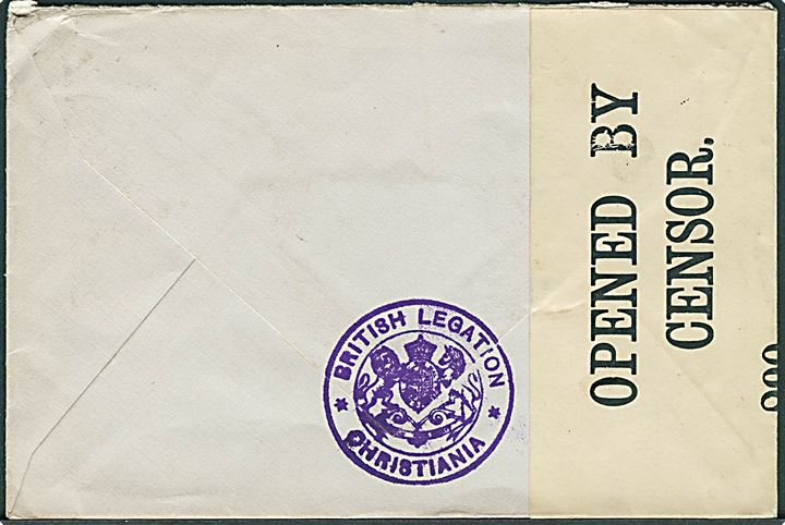 Britisk ½d og 1d George V på diplomatisk kurerbrev fra British Legation Christiania stemplet London d. 14.8. 1918 til Birmingham. Åbnet af britisk censur no. 990. Meget dekorativt brev.