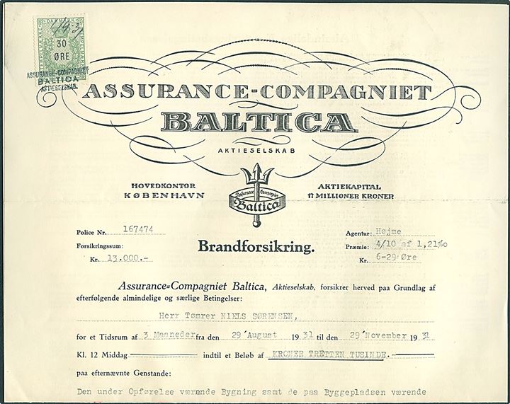 30 øre Stempelmærke med perfin “trefork” på brand-forsikringspolice fra Assurance-Compagniet Baltica i København d. 1.9.1931. 