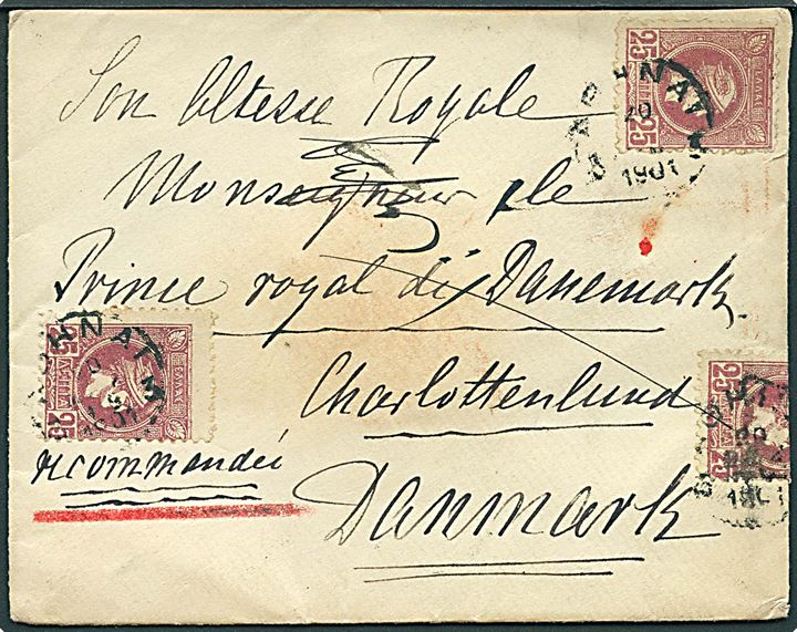 Græsk 25 l. Hermes (3) på anbefalet brev fra Athen d. 20.9.1901 til Prinsen af Danmark, Charlottenlund. På bagsiden stort royalt segl fra Kong Georg af Grækenland. Et mærke ombøjet. 