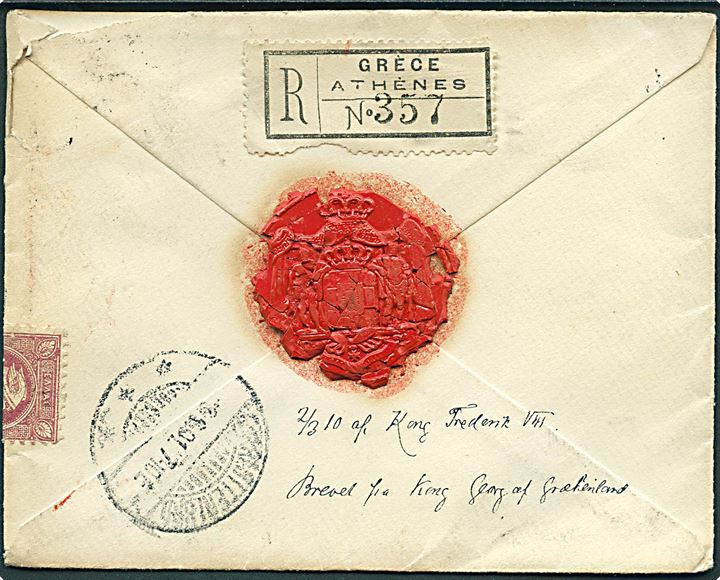 Græsk 25 l. Hermes (3) på anbefalet brev fra Athen d. 20.9.1901 til Prinsen af Danmark, Charlottenlund. På bagsiden stort royalt segl fra Kong Georg af Grækenland. Et mærke ombøjet. 