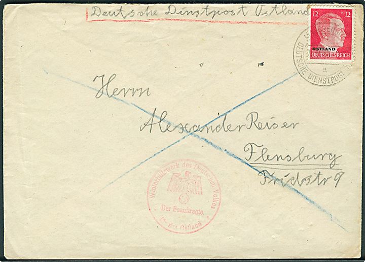 12 pfg. Hitler Ostland provisorium på brev stemplet Majorenhof Deutsche Dienstpost Ostland d. 24.8.1943 til Flensburg. Rødt briefstempel fra Winterhilfswerk des Deutschen Volkes für das Ostland.