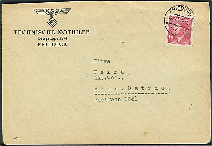 Böhmen-Mähren. 1,20 H. Hitler på fortrykt kuvert fra Technische Nothilfe i Friedeck d. 27.4.1944 til Mähr. Ostrau.