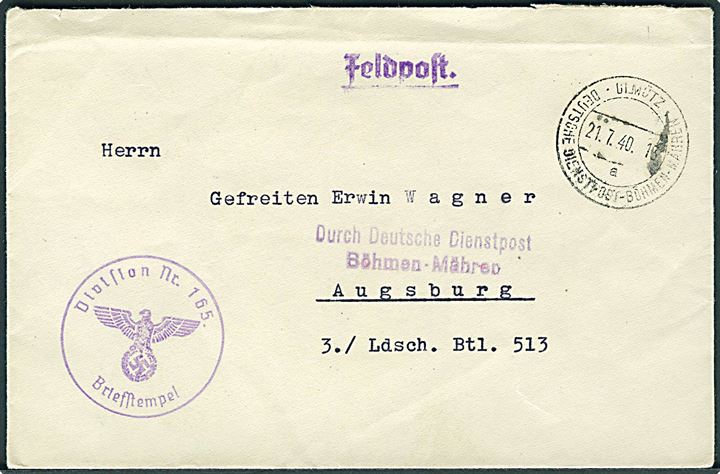 Ufrankeret feltpostbrev stemplet Olmütz Deutsche Dienstpost Böhmen-Mähren d. 21.7.1940 til Augsburg, Tyskland. Briefstempel fra Division Nr. 165.