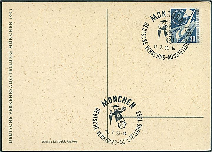 30 pfg. München udstilling på uadresseret brevkort fra Deutsche Verkehrsausstellung i München d. 11.7.1953.