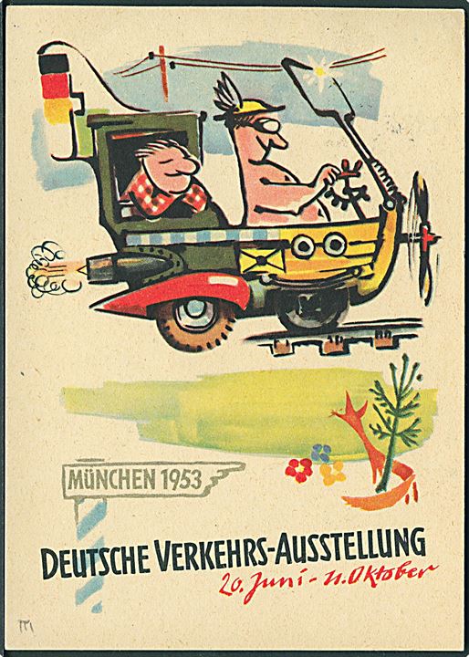 30 pfg. München udstilling på uadresseret brevkort fra Deutsche Verkehrsausstellung i München d. 11.7.1953.