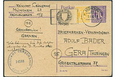 6 pfg. Bizone helsagsbrevkort opfrankeret med 6 pfg. Bizone udg. fra München d. 1.4.1946 til Gera. Allieret censur no. 14586.