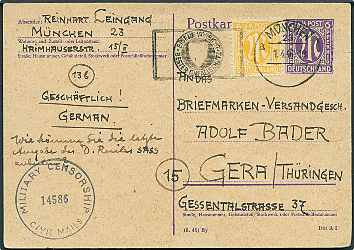 6 pfg. Bizone helsagsbrevkort opfrankeret med 6 pfg. Bizone udg. fra München d. 1.4.1946 til Gera. Allieret censur no. 14586.