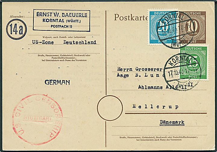 10 pfg. helsagsbrevkort opfrankeret med 15 pfg. og 20 pfg. Ciffer fra Korntal d. 17.10.1946 til Hellerup, Danmark. Allieret efterkrigscensur fra Stuttgart.
