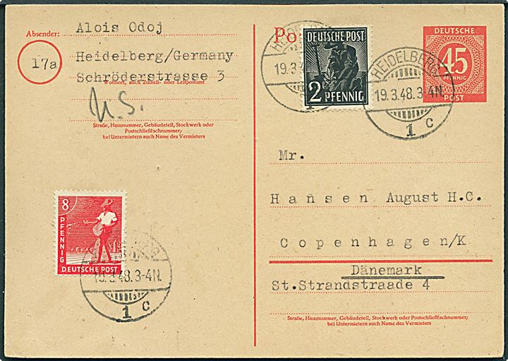 45 pfg. helsagsbrevkort opfrankeret med 2 pfg. og 8 pfg. fra Heidelberg d. 19.3.1948 til København, Danmark.