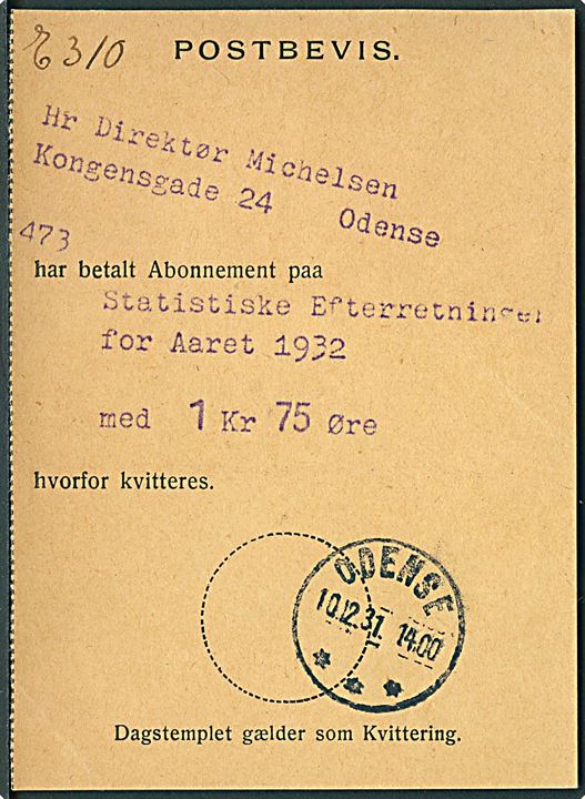 Postbevis for betaling af abonnement på Statistiske Efterretninger med brotype IIId Odense d. 10.12.1931.