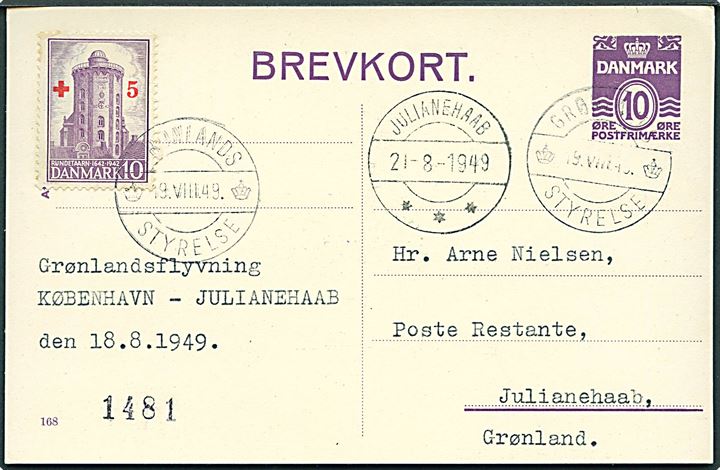 10 øre helsagsbrevkort (fabr. 168) opfrankeret med 5+10 øre Røde Kors sendt som luftpost fra København til Julianehaab stemplet Grønlands Styrelse d. 19.8.1949 og ank.stemplet Julianehaab d. 21.8.1949.